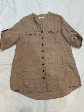 Coldwater Creek Brown Linen Shirt Dress Button Front 3/4 Sleeve Large